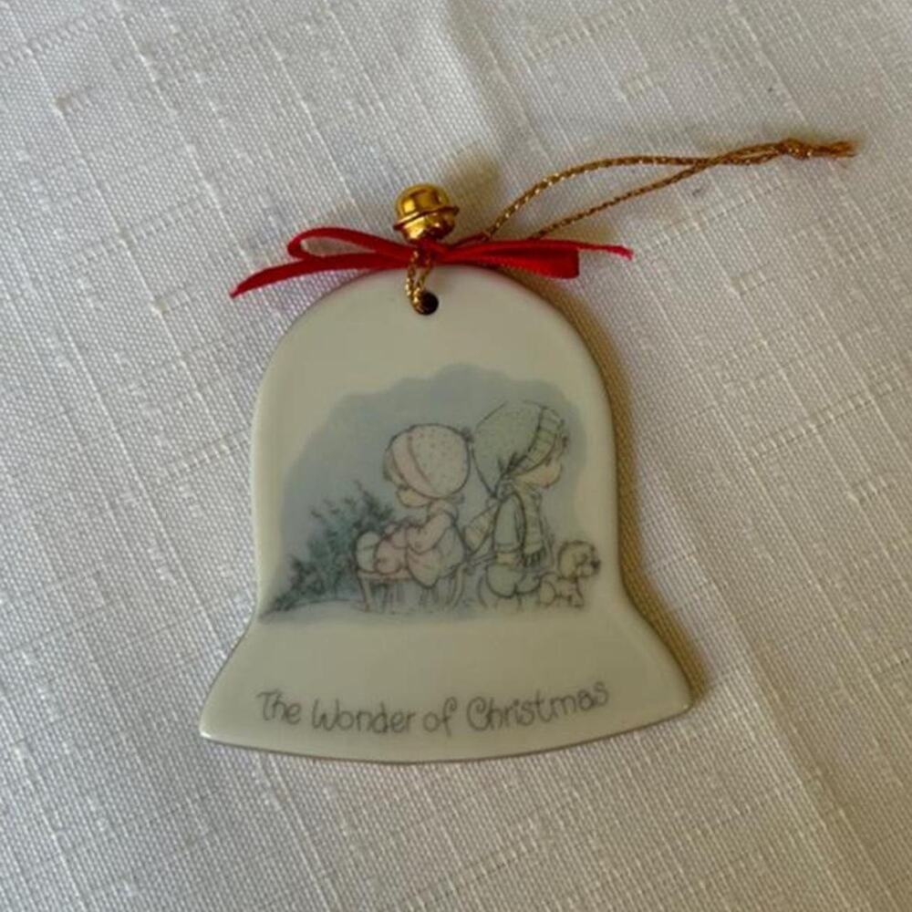 Vintage 80s ceramic precious moments The Wonder of Christmas bell ornament